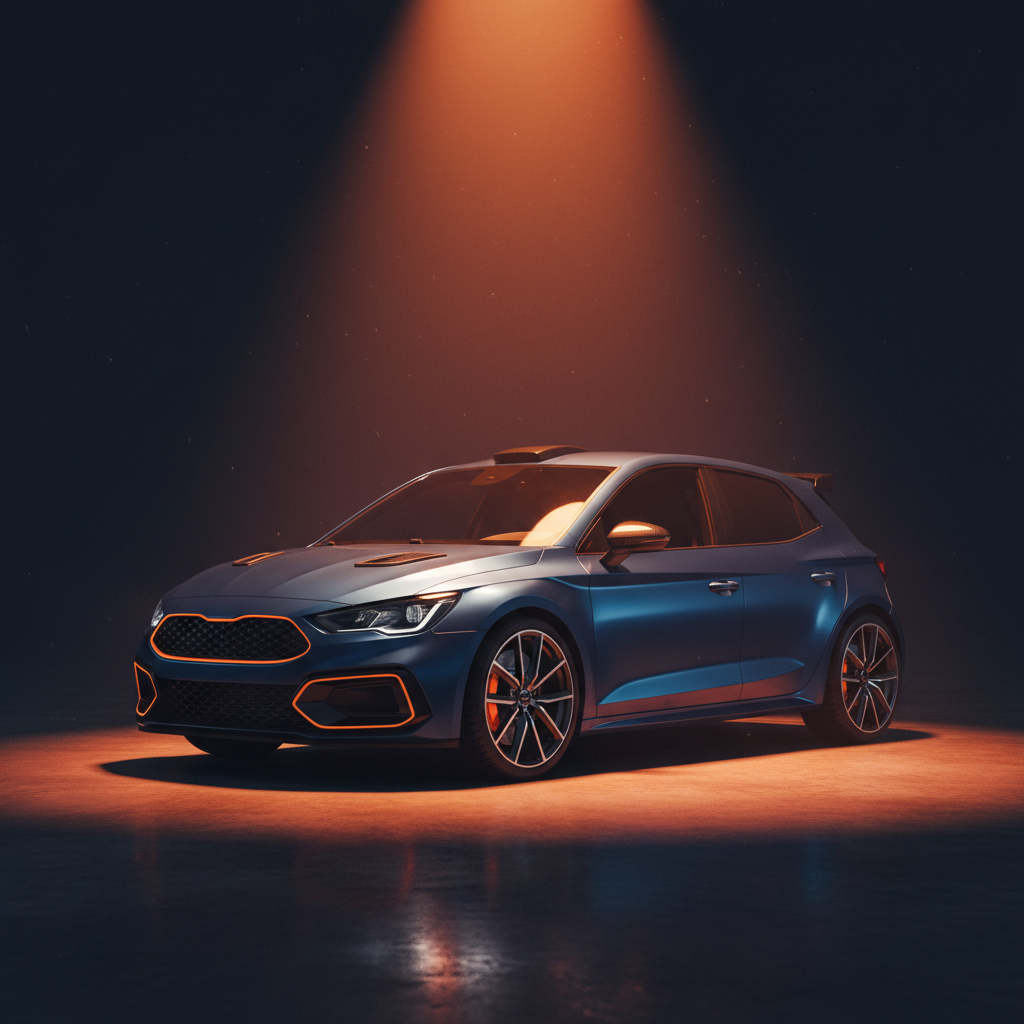 Sporty compact car under an orange spotlight